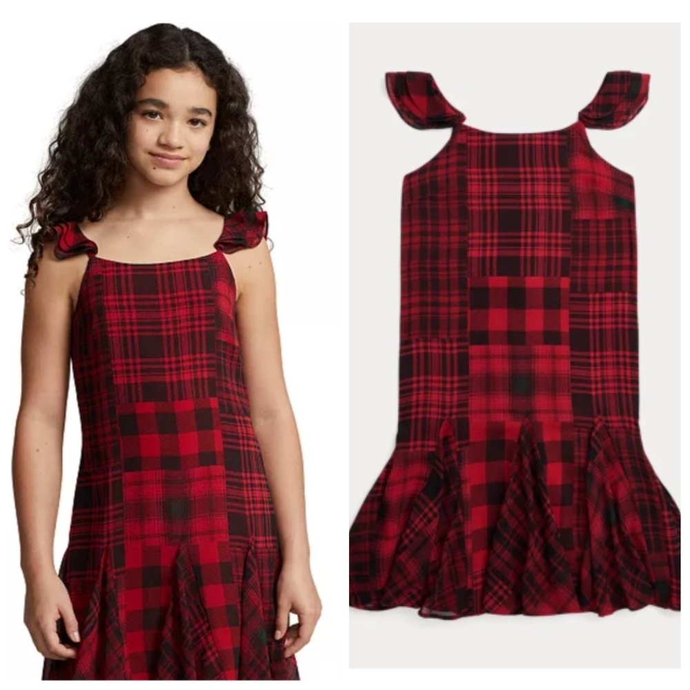 New Polo Ralph Lauren Big Girls Mixed-Plaid Chiffon Holiday Dress Size 10 NWT